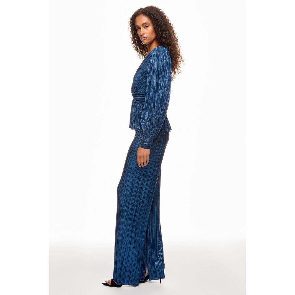 Sabina Musayev Metallic Navy Pleated Wide-Leg Pants and Top (Set)